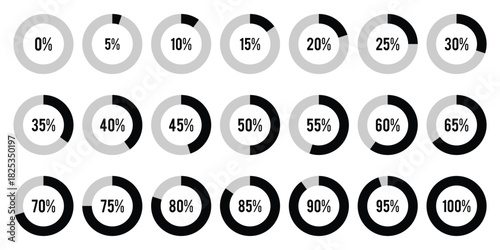 Progress bars. set of percentage infographic chart. pie charts indicator. Round graph loading progress set. Circle diagrams icons for infographics from 0 to 100 percent. Round percentage infographic. 
