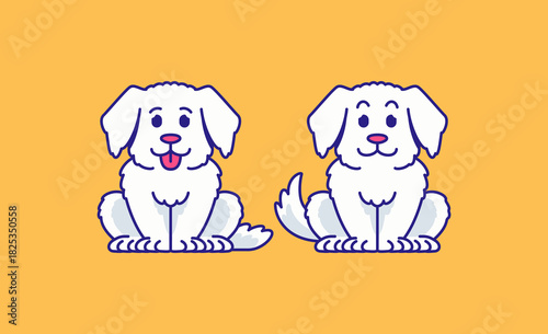 Two adorable white dogs sit happily on a bright background, showing playful and friendly expressions. Perfect for pet themes, childrens designs, and cute cartoon artworks