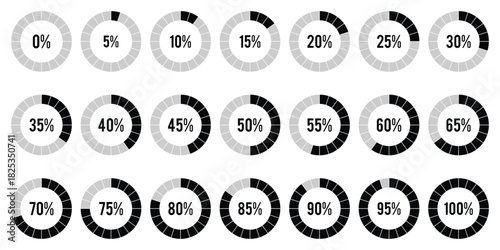 Loading indicator. Progress bar. Percentage meter. UI, User interface. Loading symbol. Download process. Circle icons set. percentage infographic, Realistic modern design. EPS 10. 