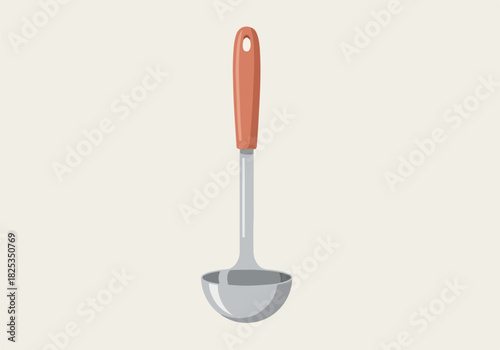 Flat illustration of a metal ladle with a reddishorange handle