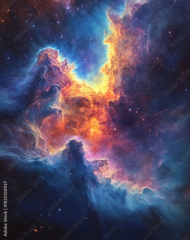 Obraz premium Vibrant cosmic nebula with glowing orange, blue, and purple clouds of interstellar gas and dust in deep space filled with stars, evoking a sense of mystery and wonder