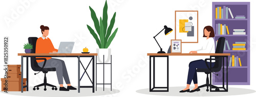 Modern flat design vector illustration depicting two people working remotely in separate home offices, symbolizing flexibility, freelance work, and digital career