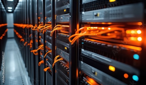 Rows of server racks with glowing orange cables in a modern data center corridor emitting a high-tech and organized atmosphere