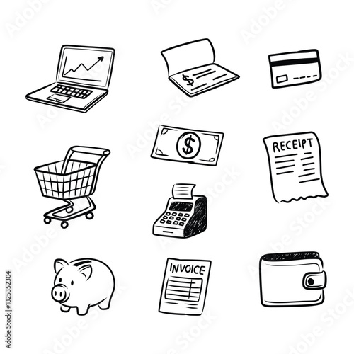Hand Drawn Finance and Shopping Elements Set Doodle