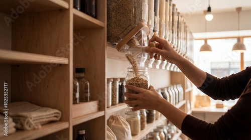 量り売りショップで瓶にオーツ麦を詰める女性の手元