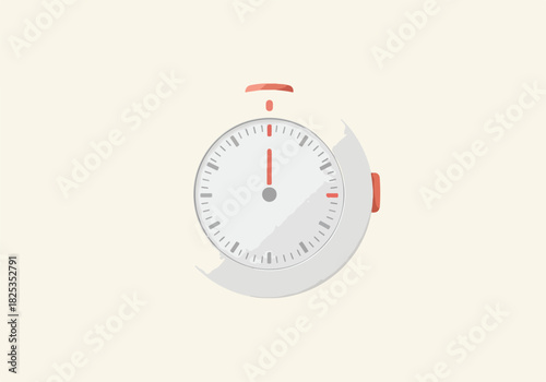 Flat illustration of a white stopwatch with a red second hand pointing to the twelve position