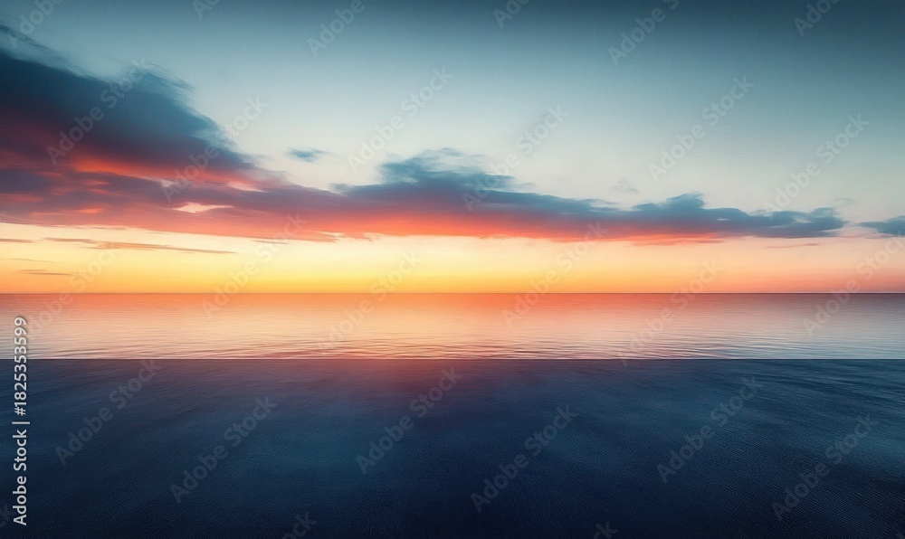 Fototapeta premium Serene sunset over calm ocean waters with vibrant orange, pink, and blue colors blending in the sky and reflections on the water surface