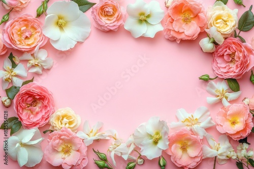 Beautiful arranged pink, peach, and white flowers in a circular frame with green leaves on a pastel pink background