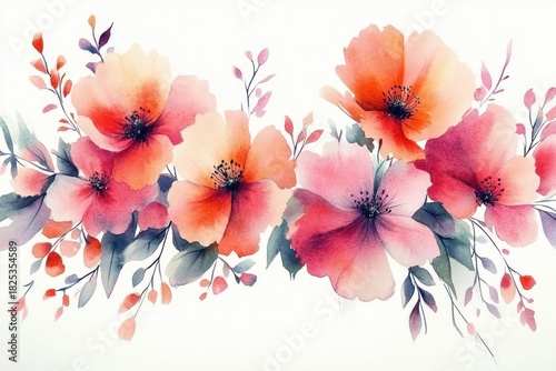 Delicate watercolor illustration of orange and pink flowers with green leaves and small buds on a white background, evoking a soft and serene feeling