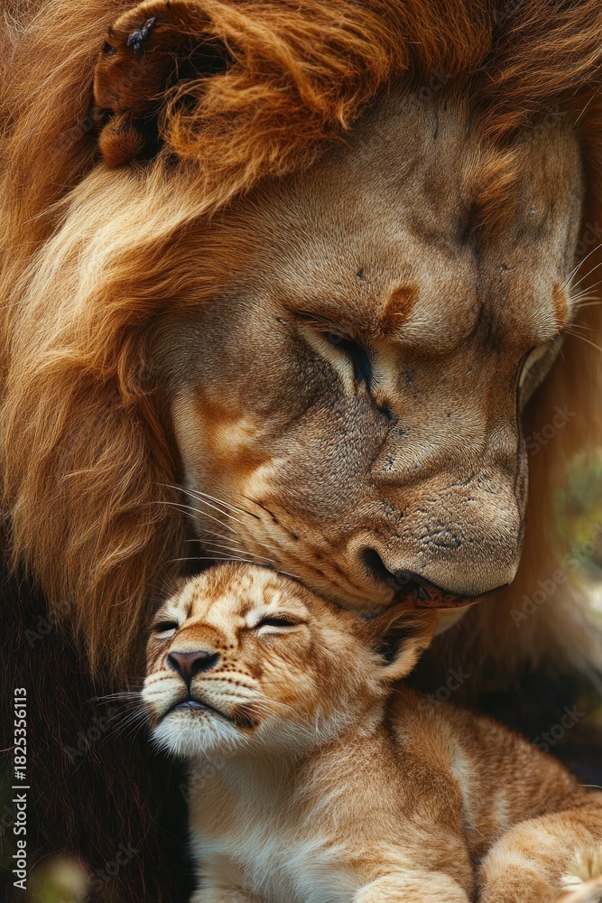 Naklejka premium Tender moment between a majestic adult lion nuzzling a content lion cub with closed eyes in a close affectionate embrace