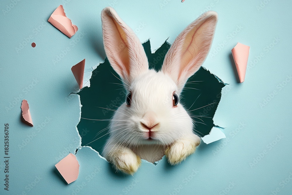 Obraz premium Curious white rabbit with large ears poking through a ripped pastel blue paper wall with scattered torn paper pieces around