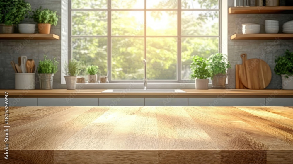 Fototapeta premium Bright and modern kitchen countertop with wooden surface, green plants in pots, and large window letting in natural sunlight for a fresh and inviting atmosphere