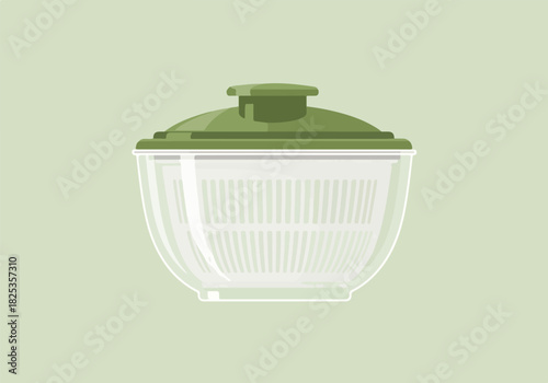 Illustration of a greenlidded salad spinner against a pale green background