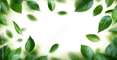 Fresh green leaves arranged around the edges with a bright white center, conveying a feeling of natural freshness and vitality