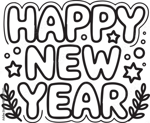 Bold outline lettering cheerfully declares Happy New Year amongst festive stars and leaves on a transparent background