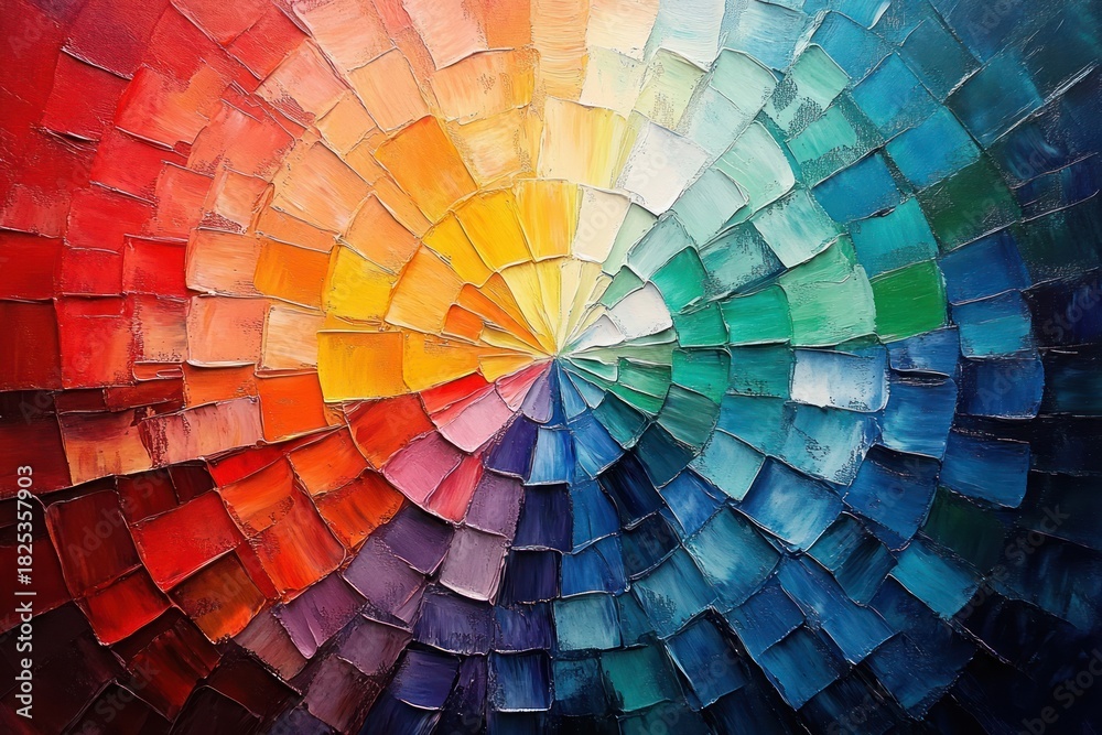 Fototapeta premium Abstract circular pattern with vibrant textured paint strokes radiating from center in warm and cool color spectrum