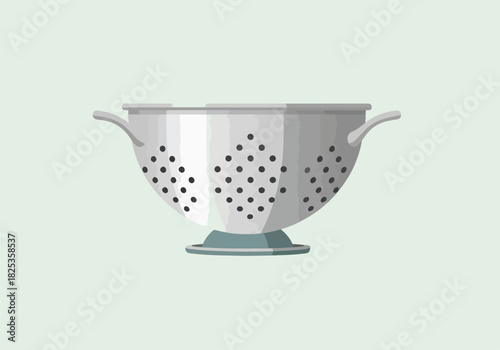 Illustration of a silver metal colander with handles on a light green background