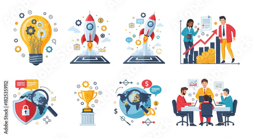 Business and Innovation Icons: Light Bulb Rocket Launch Teamwork and Global Analysis.