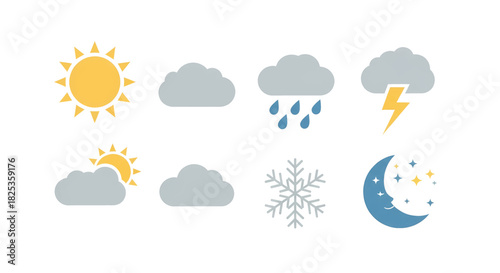 Colorful Weather Icons Depicting Sun Clouds Rain and More.