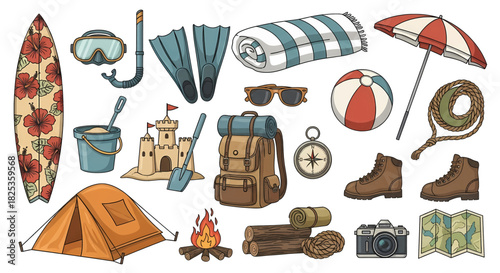 A colorful hand-drawn illustration set of summer vacation camping and hiking equipment.