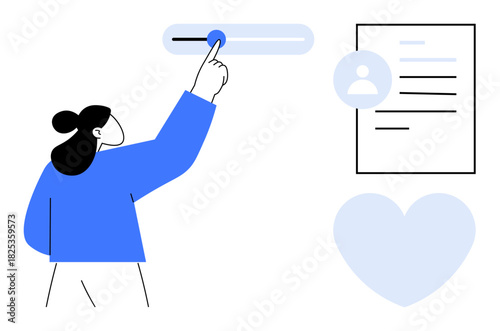 Woman selects options on a digital interface near a user profile and heart icon. Ideal for personalization, user experience, interface design, online profiles, customer care, digital selection