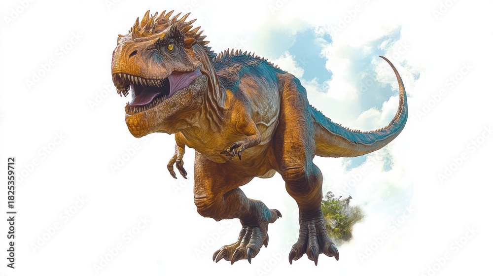 Fototapeta premium large brown and blue theropod dinosaur with sharp teeth and spiked crest roaring while running with open mouth on a cloudy white background