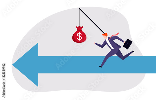 A man in a suit chasing a money bag which is a bait，never able to reach this unattainable goal.