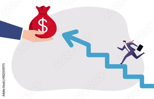 A businessman climbs stairs toward a money - bag offered as an incentive, symbolizing financial rewards driving progress.