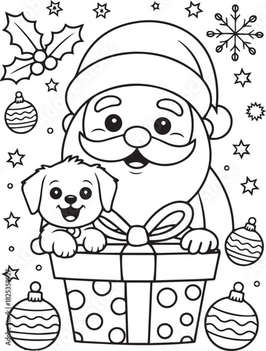 Cartoon Santa smiles with cute puppy peering from a polka dotted Christmas gift
