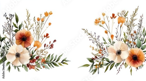Delicate watercolor painting of two floral arrangements featuring cream and orange flowers with green leaves and small buds on a white background
