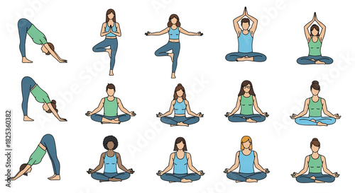 A diverse collection of illustrated women practicing various yoga poses including downward dog tree pose and seated meditation asanas.