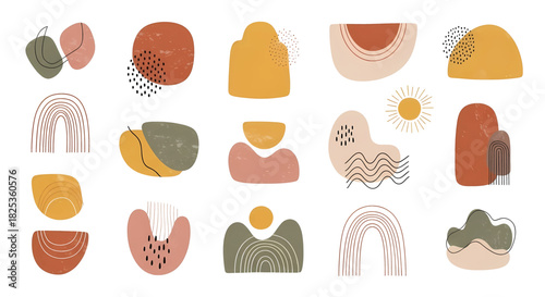 A collection of modern abstract organic shapes and hand-drawn boho elements in earthy tones.