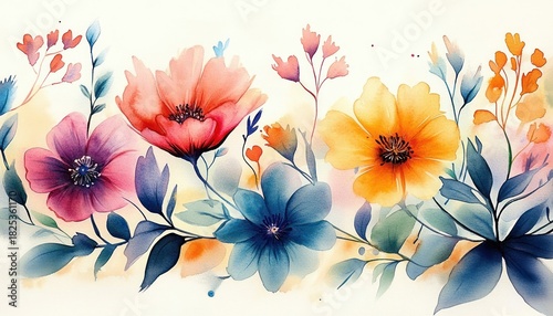 Delicate watercolor painting of vibrant orange, red, purple, and blue flowers with lush leaves on light background, evoking a calm and cheerful atmosphere