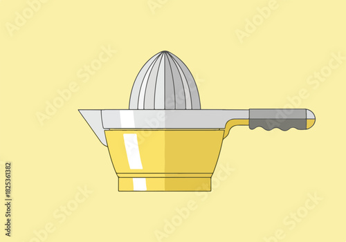 Minimalist illustration of a yellow and silver manual citrus juicer on a pale yellow background