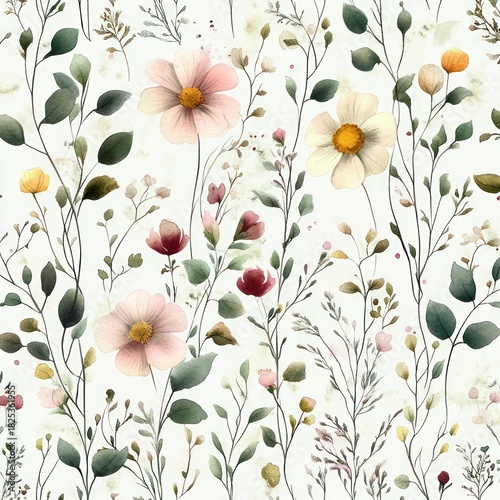 Delicate watercolor painting of pale pink and yellow flowers with green leaves and slender stems on a white background, evoking a soft and tranquil spring garden scene