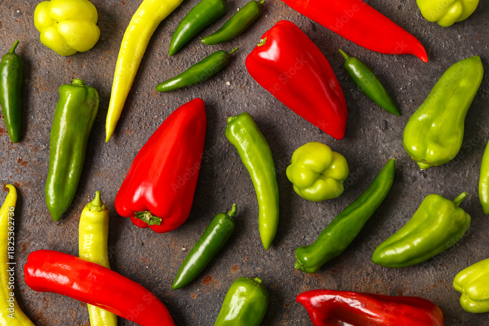 Obraz premium Different fresh peppers on dark background