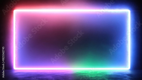 Glowing rectangular neon frame with vibrant gradient colors on dark textured background creating a futuristic and dynamic atmosphere