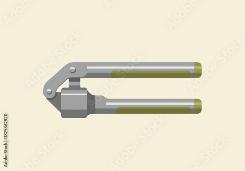 Stylized gray metal garlic press with olive green grip accents on light beige background