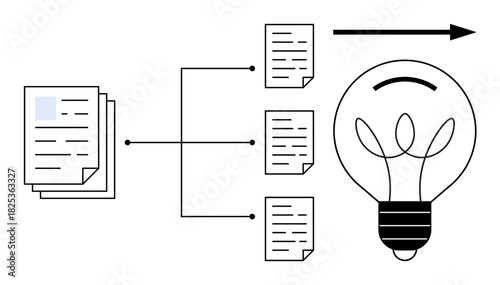 Stack of documents branching into individual papers, connecting to an idea light bulb. Ideal for innovation, creativity, brainstorming, workflow, efficiency, knowledge sharing, simple flat metaphor