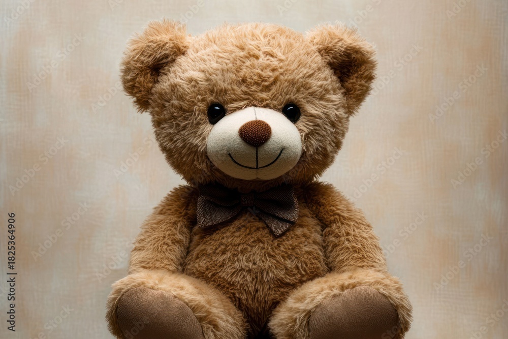 Obraz premium Close-up of a smiling light brown teddy bear with a dark brown bow tie sitting against a neutral background, evoking warmth and comfort