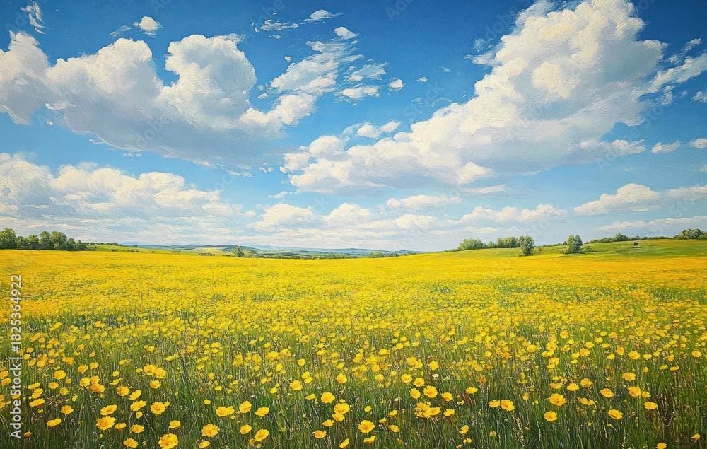 Obraz premium Vast yellow wildflower field under a bright blue sky with scattered fluffy white clouds and distant green treeline on the horizon