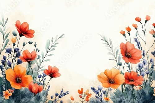 Delicate watercolor-style illustration of orange and red flowers with green leaves and small purple accents on a light textured background