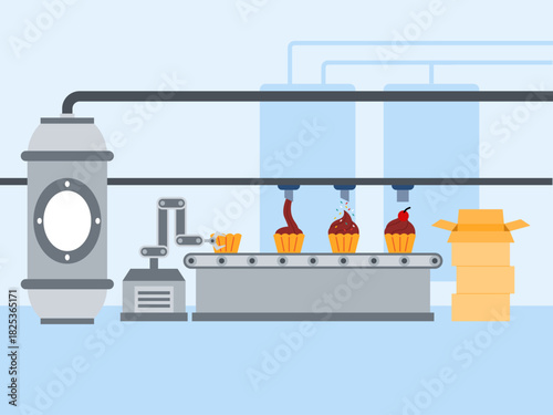 Cupcakes factory machine production. Food industry vector illustration. Flat illustration concept.	
