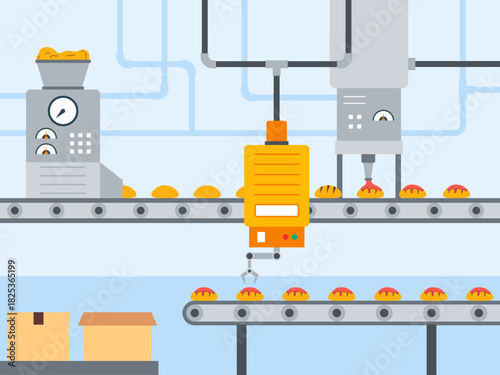 Bread factory machine production. Food industry vector illustration. Flat illustration concept.	