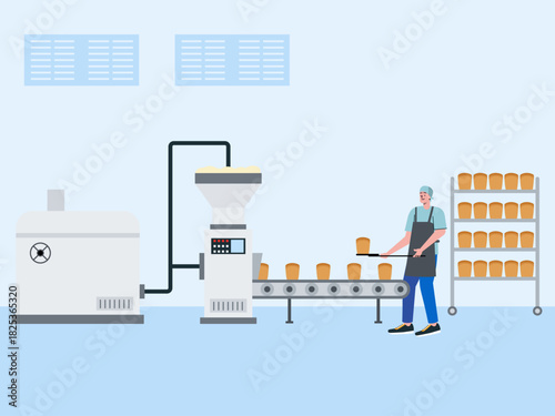 Bread production process in a bakery setting. Food industry vector illustration. Flat illustration concept.	