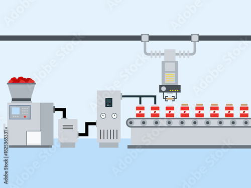 Conveyor strawberry jam. Food industry vector illustration. Flat illustration concept.	