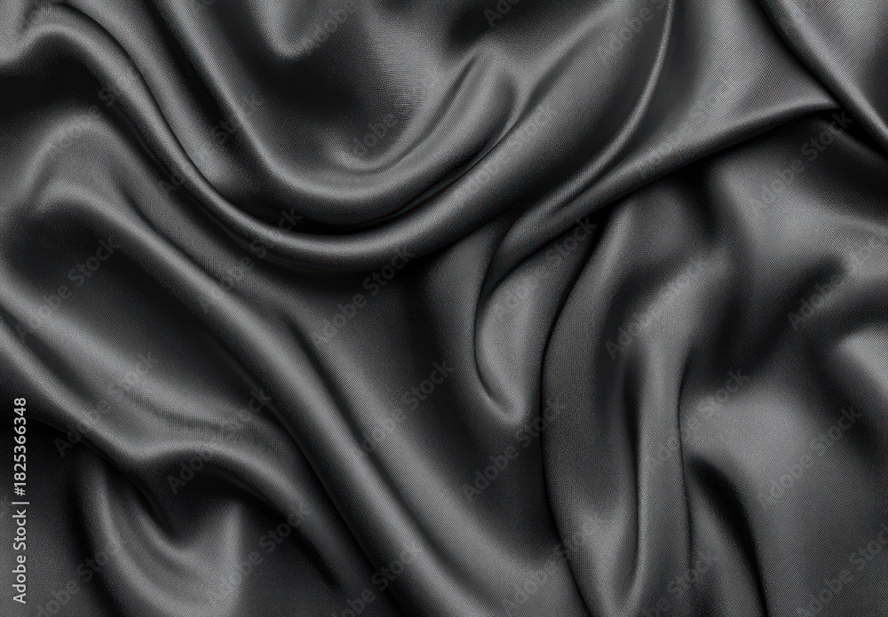 Fototapeta premium Close-up view of soft black satin fabric with smooth flowing folds and shiny texture creating elegant and luxurious appearance