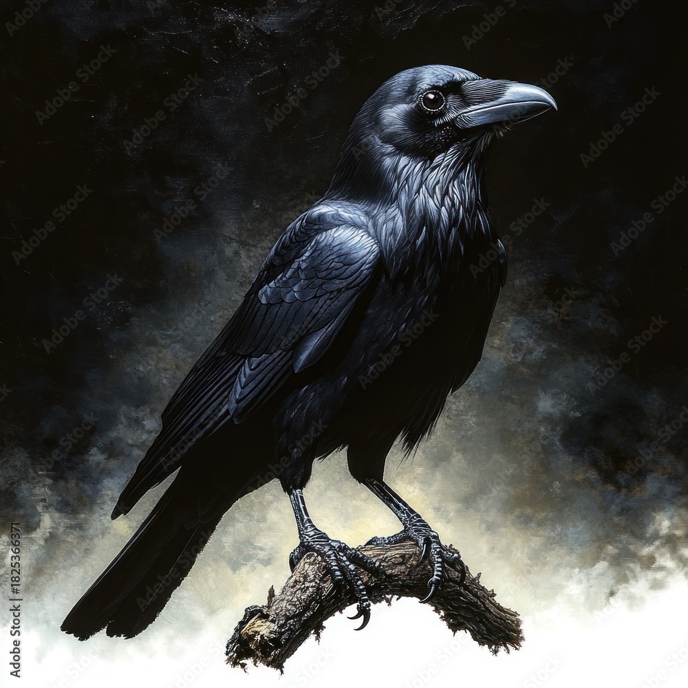 Fototapeta premium Close-up of a black raven perched on a textured branch with detailed feathers and a dark moody background