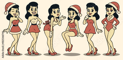 Retro style cartoon christmas collection featuring six female characters in festive attire with playful poses and expressions each showing a unique stance