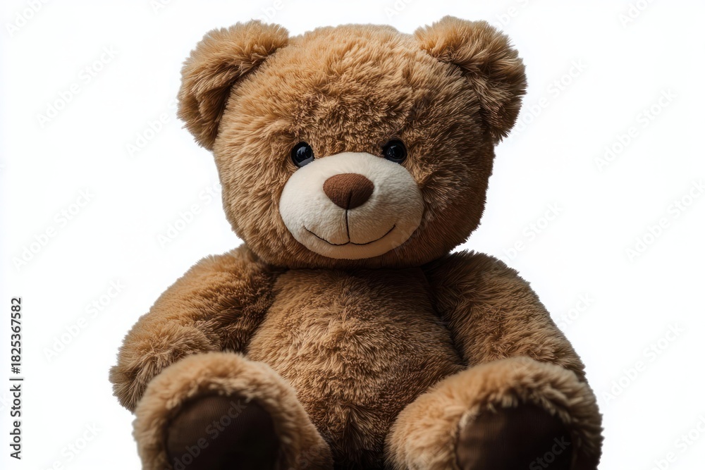 Obraz premium soft brown teddy bear with smiling face and black eyes sitting upright against white background